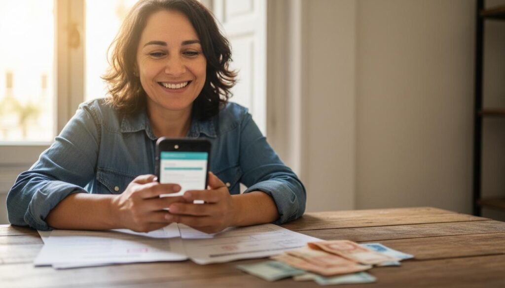 Persona argentina sonríe aliviada mientras revisa el celular con un informe de crédito borroso y hay papeles y billetes sobre la mesa que muestran que puede obtener un préstamo aun con Veraz.