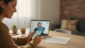 Persona argentina revisando su teléfono en casa con expresión de alivio mientras consulta una oferta de préstamo online y habla con un asesor por videollamada