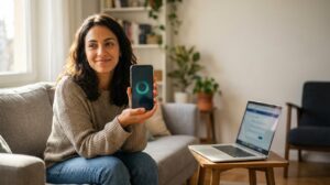 Persona argentina en su casa usando el celular con la app de Credy para pedir un préstamo rápido y seguro