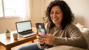 Persona argentina en su casa usando el celular para comparar ofertas de préstamo de Credy