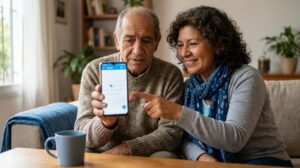 Persona mayor revisando en su teléfono las fechas de cobro de Mi ANSES con ayuda de un familiar en su casa