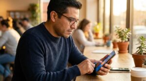 Persona hispana usando el celular para solicitar un préstamo online en Adelantos.com