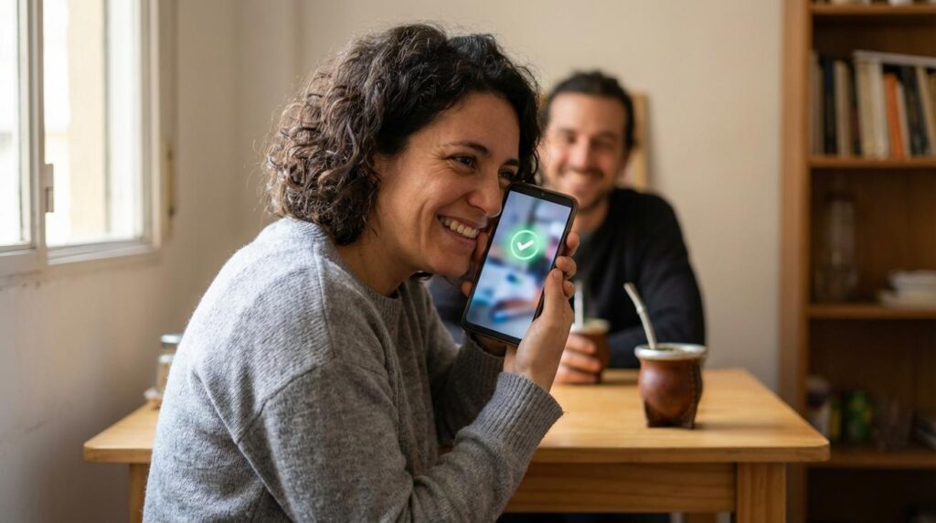 Persona en Argentina recibiendo aprobación de préstamo en su celular con Adelantos para conseguir dinero rápido sin trámites complicados