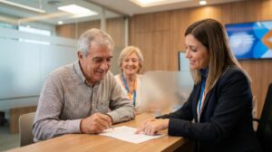 Persona mayor recibiendo ayuda en una sucursal de Banco Rioja para solicitar un préstamo en cuotas fijas