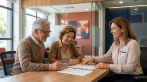 Pareja de jubilados en una sucursal de Banco Rioja recibiendo ayuda para solicitar un préstamo con cuotas fijas