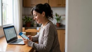Mujer argentina revisa su recibo de haberes de ANSES en el celular desde su casa