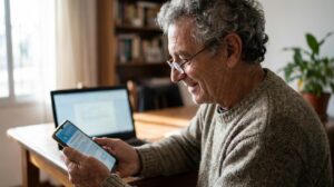 Persona mayor revisando su recibo de haberes en el celular usando Mi ANSES